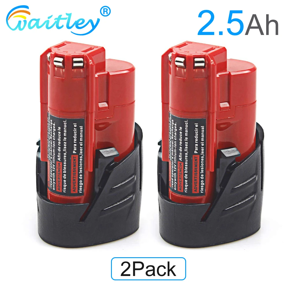 

Waitley 2Pack 12V 2.5Ah LI-ION 2500mAh Battery for Milwaukee M12 XC Cordless Tools 12 v 48-11-2440 48-11-2402 48-11-2411