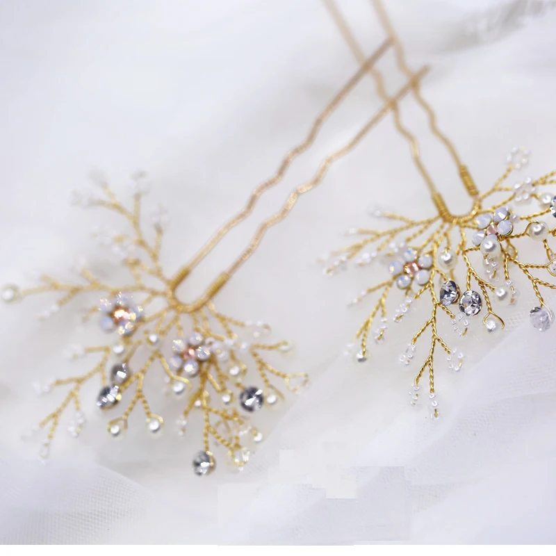 

2PCS Gold Color Hair Pins Wedding Women Hair Accessories Head Decoration Flower Handmade Hair Ornament Rhinestone Plant Jewelry