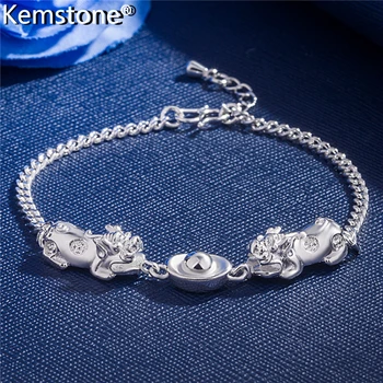 

Kemstone Trendy Pixiu Silver Plated Copper Lucky Charm Chain Bracelet Jewelry Gift for Women