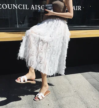 

Spring Summer Women Fashion Feather tassel Pleated Skirts Elastic High Waisted Women Midi Party Skirt Saias Faldas Jupe Femmle