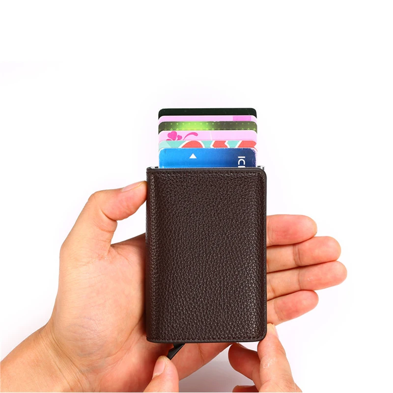 BYCOBECY RFID всплывающий держатель для карт алюминиевая коробка личи мягкий кожаный чехол для карт Защита информации безопасность клатч Повседневный Кошелек