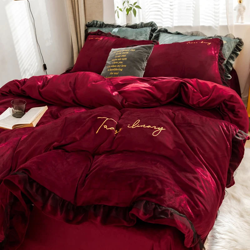 Princess style bedding set 4pcs Solid color duvet cover sheet velvet queen size 