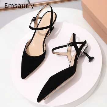 

Jeweled Crystal Heel Ankle Strap Sandals Women Sexy Pointed Toe Luxury Black Suede Rhinestone Goblet Heel Party Shoes Woman