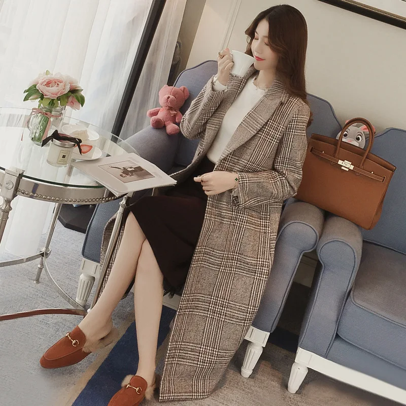

Women Slim Woolen Coat In The Long Section of The Korean Version of The Women's Plaid Autumn Winter Woolen Coat