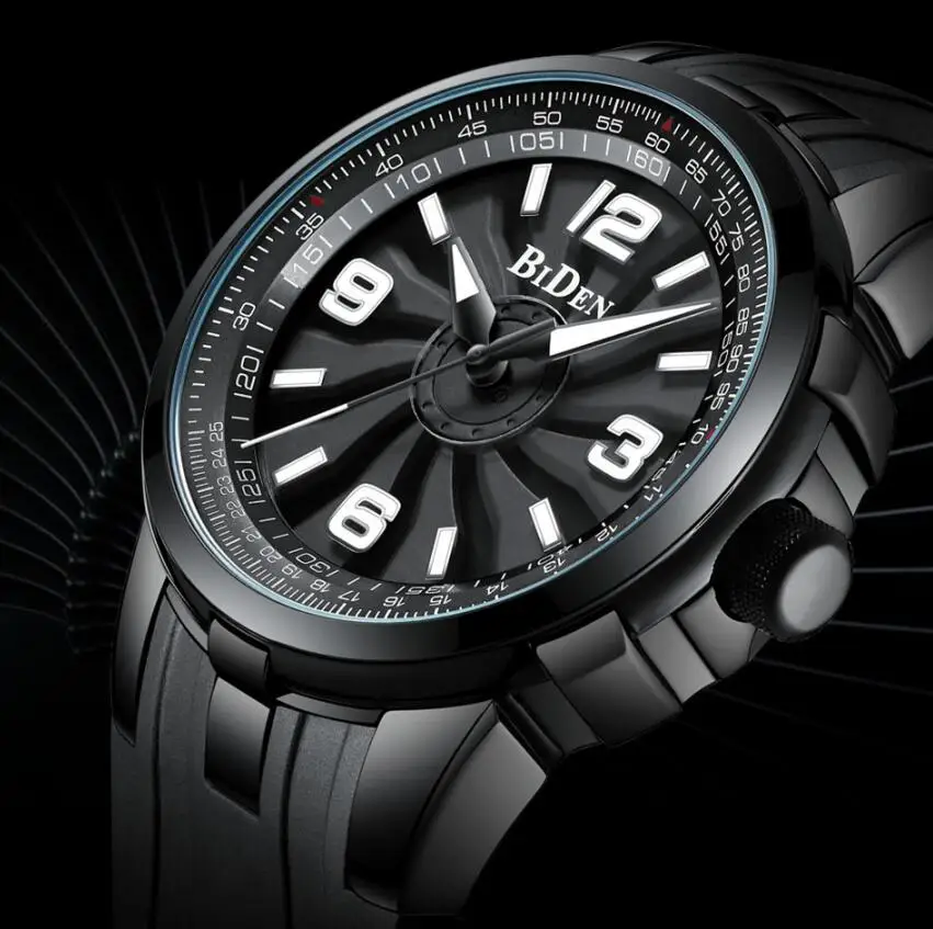 

BIDEN Mens Watches Top Brand Luxury Turbine Rotation Dial Black Steel Creative Military Waterproof Sport Watch For Male Clock