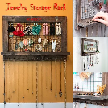 

2020 High Quality Rustic Brown Jewelry Organizer Wooden Wall Mounted Holder For Earrings Necklace Wholesale Dropshipping Selling