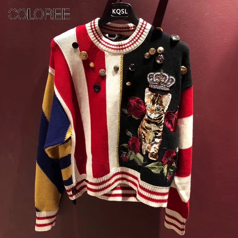 Autumn Winter Runway Designer Rose Flower Embroidery Buttons Knitted Sweater 2020 Streetwear Loose Casual Pullover | Женская одежда