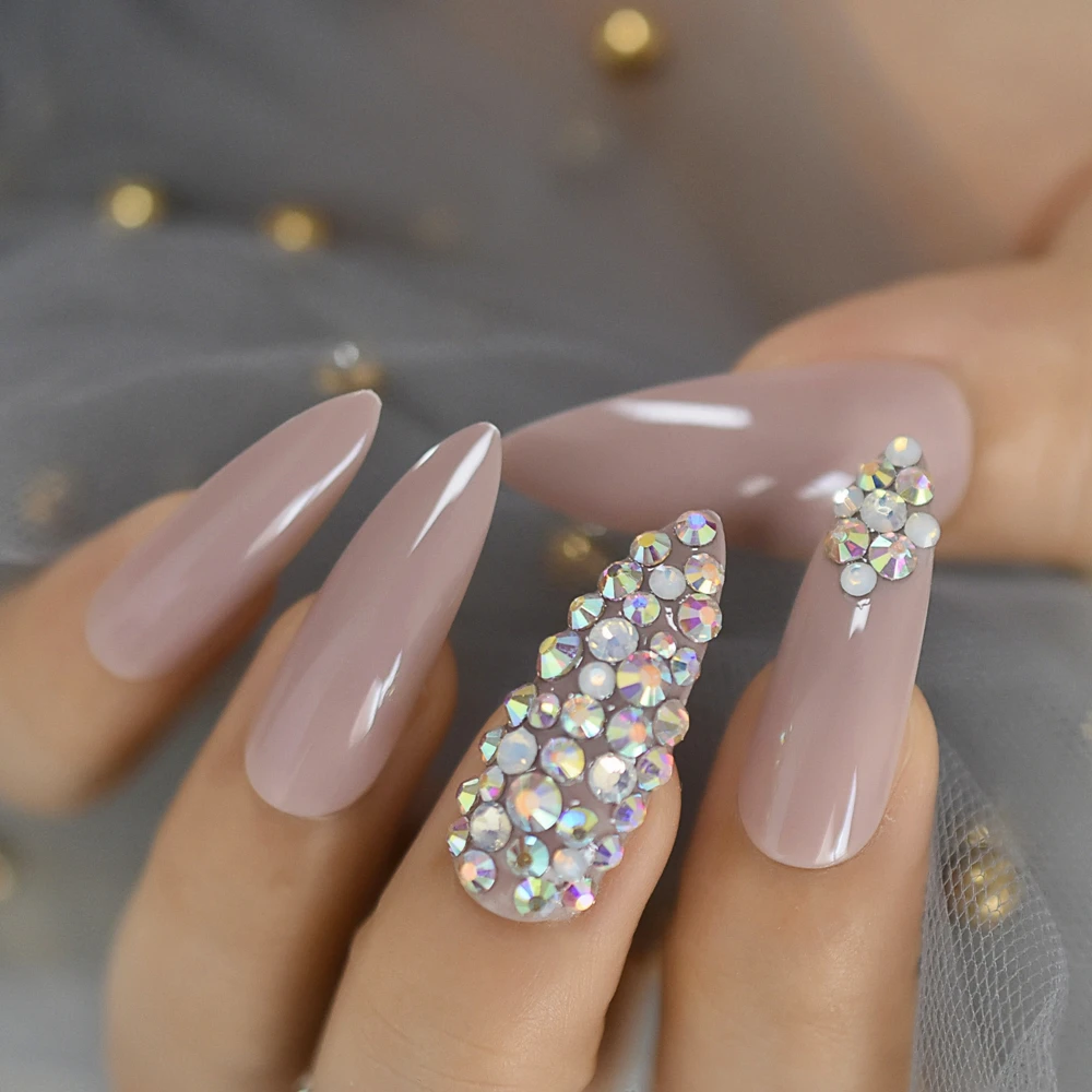 Dark Nude luxurynails Crystals Decoration Extra Long Faux Ongles Stiletto Custom Press On Fingernails for Party Wedding