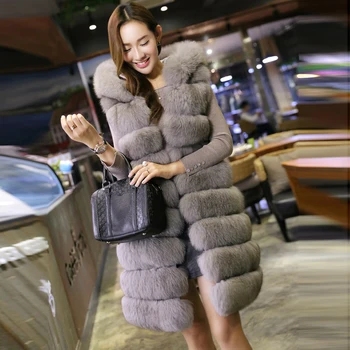 

Winter High Quality Luxury Faux Fur Vest Coat Women Hooded Medium Long Fox Fur Vests Warm Fake Fox Fur Coats Female Plus Size