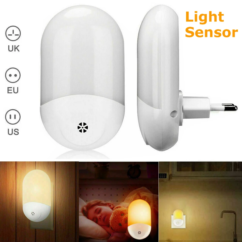 2PC Auto LED Night Light Dusk To Dawn Wall Plug In Warm White Sensor Light BE 