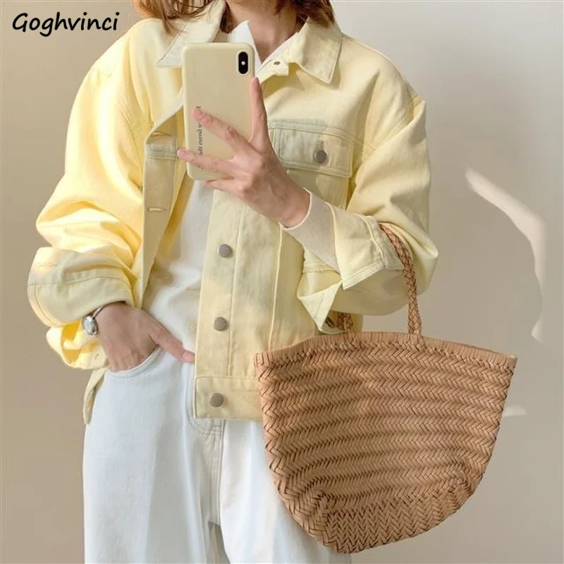 Винтажные джинсовые куртки для женщин Весенняя однобортная верхняя одежда с