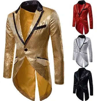 

2019 New Men's Blazer Tail Sequin Casual Slim Fit Formal One Button Suit Blazer Coat turndown collar Jacket Masculino Men Blazer