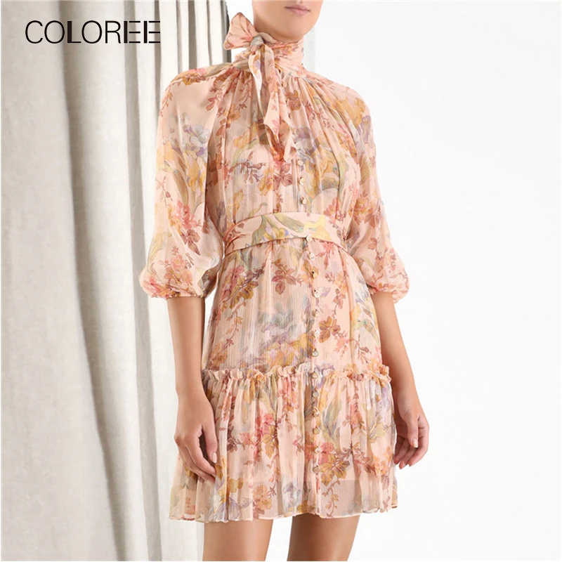 

Summer Elegant Bow Puff Sleeve Pink Floral Printed Chiffon Dress For Women 2019 Ruffles Pleated Mini Dress Runway Dress