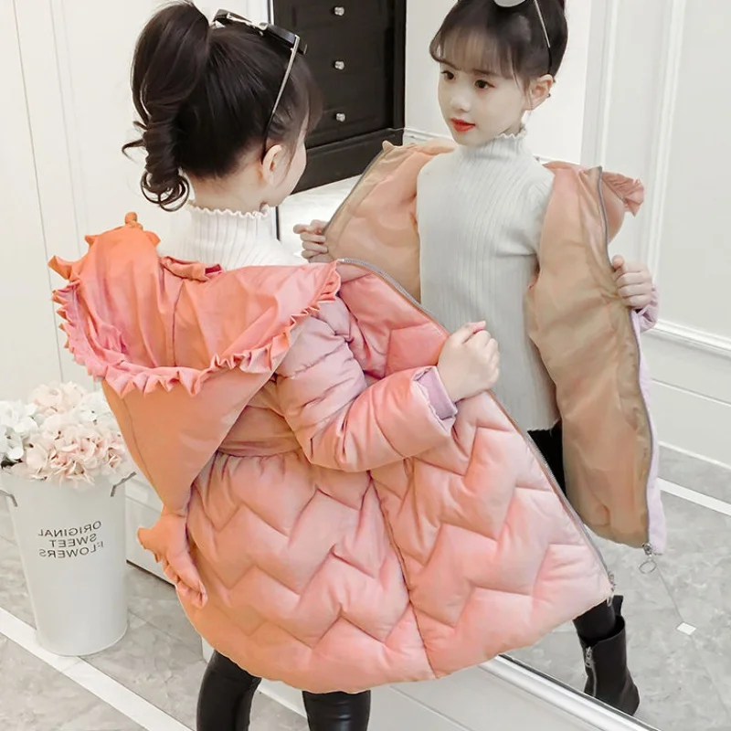 Новые зимние милые теплые хлопковые пальто с капюшоном для девочек детские тонкие куртки с принтом детская ветрозащитная куртка с большим меховым воротником От 2 до 10 лет