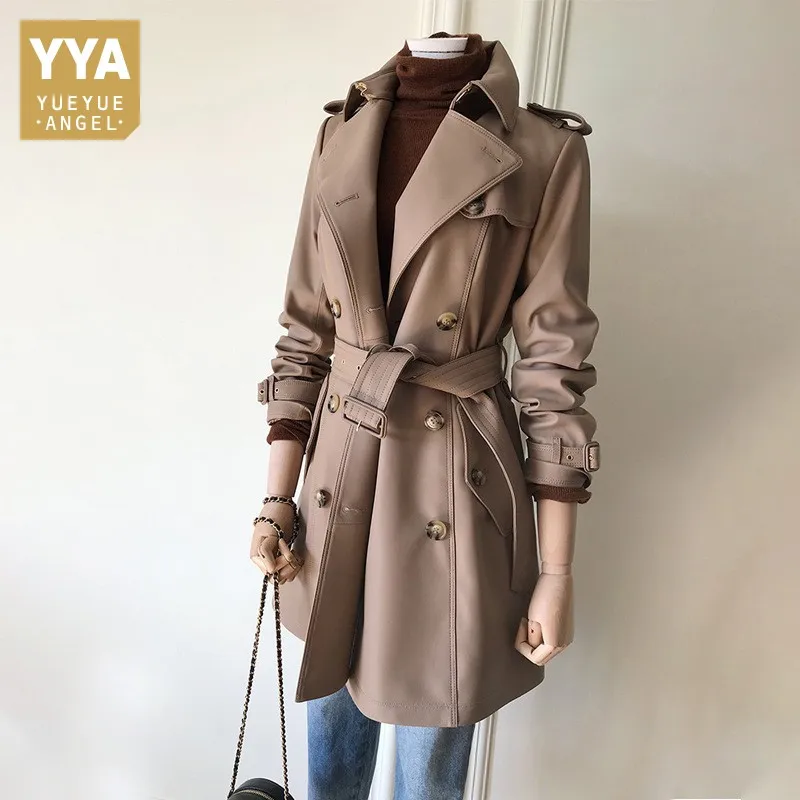 

England Style Lady Sheepskin Windbreakers Streetwear Medium Long Real Leather Jacket Office Sashes Straight Trench Coat Women