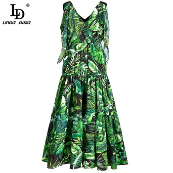 

LD LINDA DELLA Fashion Runway Summer Dress Women Sleeveless Elegant Banana Leaf Print Bohemian Holiday A Line Midi Dress