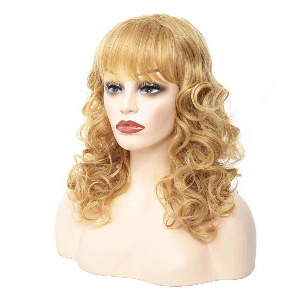 Golden air bangs curly hair synthetic wig Temperament woman long hair whole wigs High quality high temperature fiber material