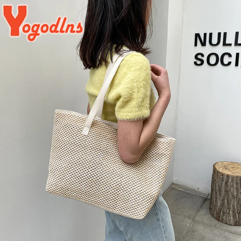Summer Straw Bag Women Large Capacity Weave Totes Bag Handmade Rattan Beach Bag Vacation Lady Straw Shoulder Bag Pouch
