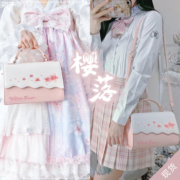 

Pink White Dream Lolita Sweet Sakura Embroidery JK Uniform Handbag Messenger Bags Japanese Soft Sister Portable Shoulder Bag