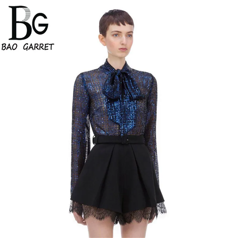 

2019 Autumn New Blouse Elegant Full Sleeves Top Back Zipper Sequin Grid Bowknot Sexy See Through Mesh Blouse Transparent Shining