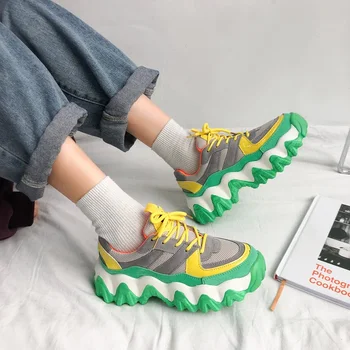 

Rimocy Mix Color Chunky Platform Sneakers Women Hi-street Thick Bottom Green Vulcanize Shoes Woman Lace Up Footwear Casual Shoes
