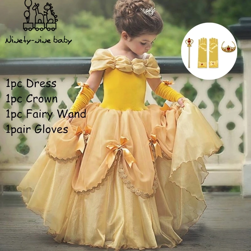 New Girls Belle Princess Dress Cosplay Costume Birthday Party Clothes Children Halloween Long Gown Beauty and the Beast Costume