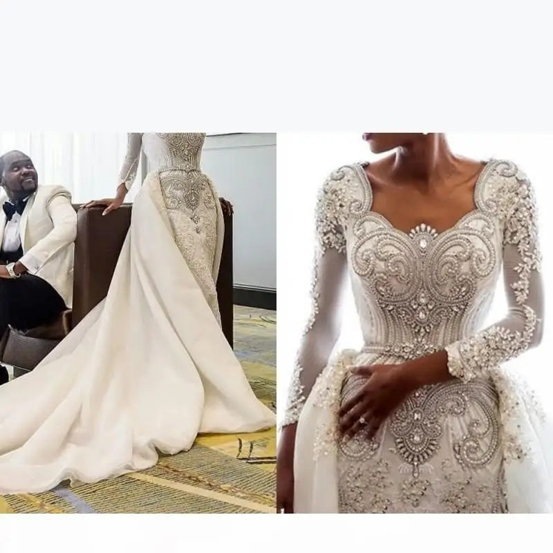 

African Long Sleeves Mermaid Dresses Scoop Lace Applique Beaded Crystals Over Skirts Court Train Wedding Bridal