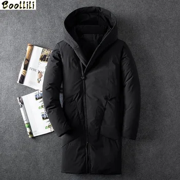 

Winter Black Down Coat Male Fashion Casual Two Pocket Medium Long Duck Down Jacket Men New Solid Color Hooded Down Jacket