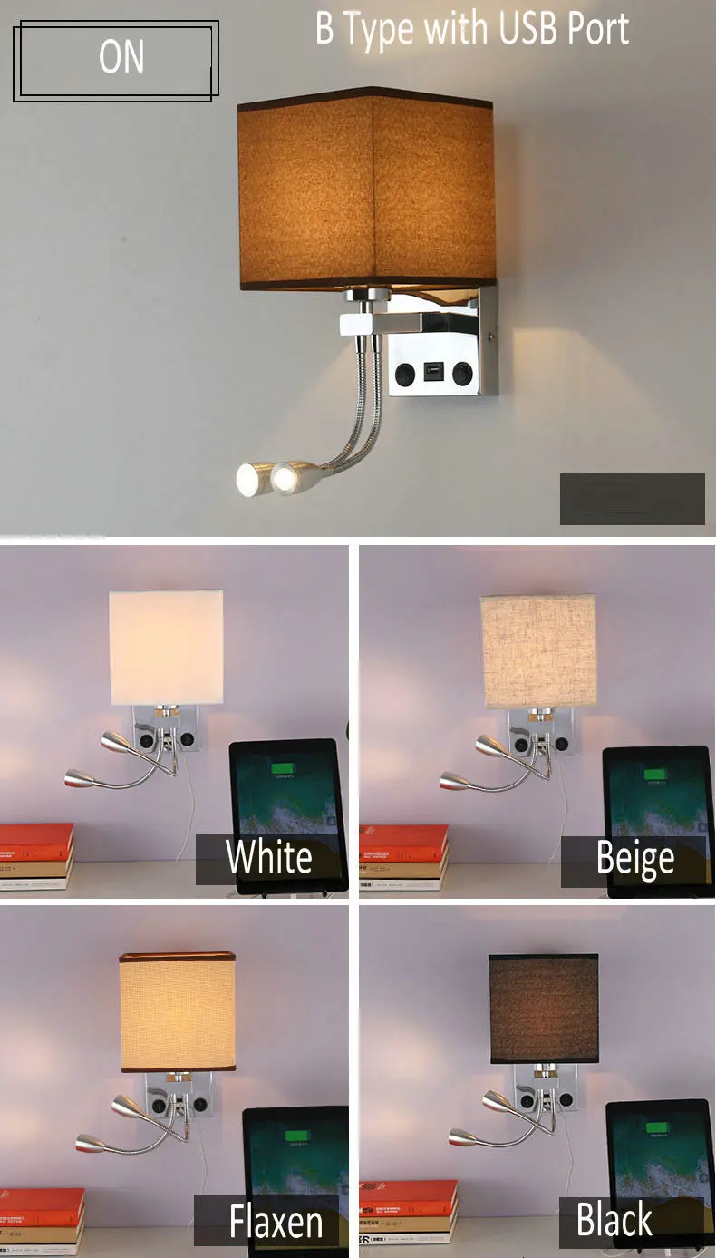 Американский светодиодный настенный прикроватный светильник с usb-портом, тканевый бра для отелей, спальни, гостиной, гибкий настенный светильник E27 для чтения