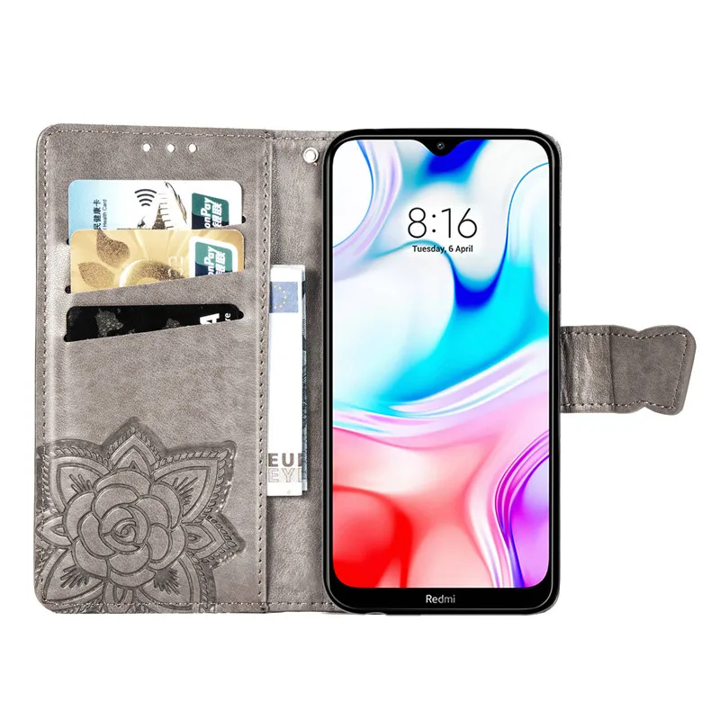 Кожаный чехол книжка с откидной крышкой для Xiaomi Redmi 8 8A бумажником бабочкой