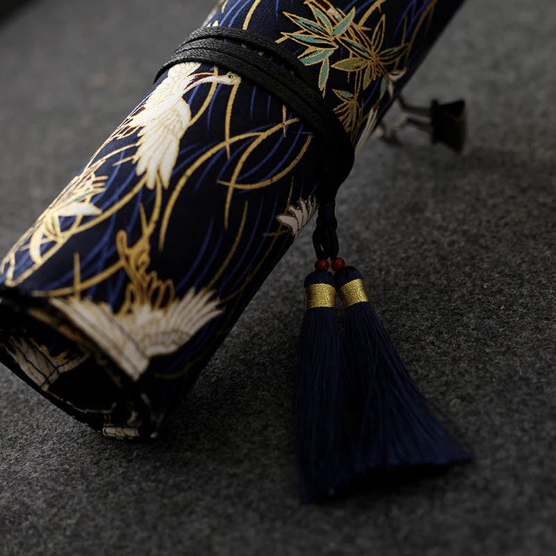 1 pc Chinese Style Pen Wrap 4/7/10 Slots Protect Penpoint Lightning Black / Cyan Dragon Bronzing Crane Normal or Tassels