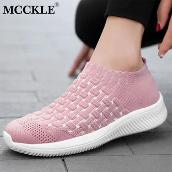 

MCCKLE Women Spring Sneakers Lace Casual Women Flat Platform Slip On Vulcanized Shoes Female Knitted Canvas Fashion Lady Shoes