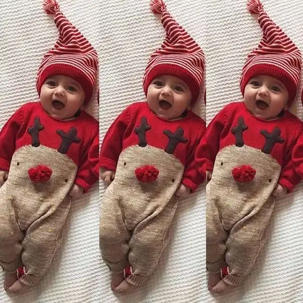 

0-24MBoysGirls children spring, autumn and winter modelsChristmas fawn coffee polka dot long-sleeved romper striped hat baby rom