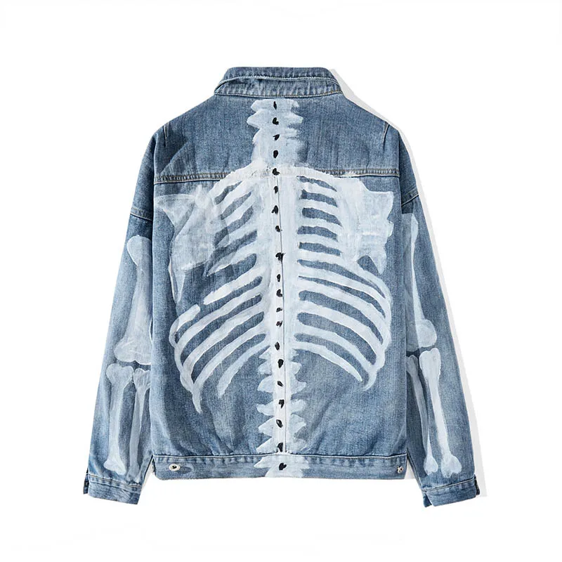 KIOVNO Men Skeleton Bone Graffiti Denim Jackets Coats Hip Hop Printed Streetwear Jeans Jackets Outwear For Male Size M-XL (2)