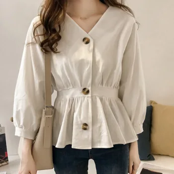 

Women's Casual V Neck Button Up Slim Ruffles Waist Long Sleeve Solid Blouse Batwing Sleeve Shirt Women Tops Female Autumn
