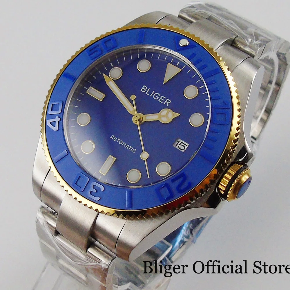 BLIGER 43MM Blue Automatic Men Watch 21 Jewels MIYOTA 8215 Movement Brushed Strap Gold Coated Bezel Sapphire Glass No Magnifier | Наручные