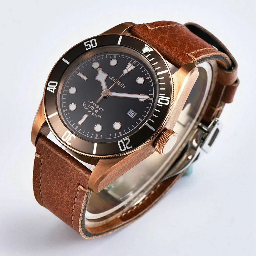 Corgeut 41 мм Miyota/Seagul Модные мужские автоматические механические наручные часы SSteel кофейный чехол PVD водонепроницаемый светящийся календарь