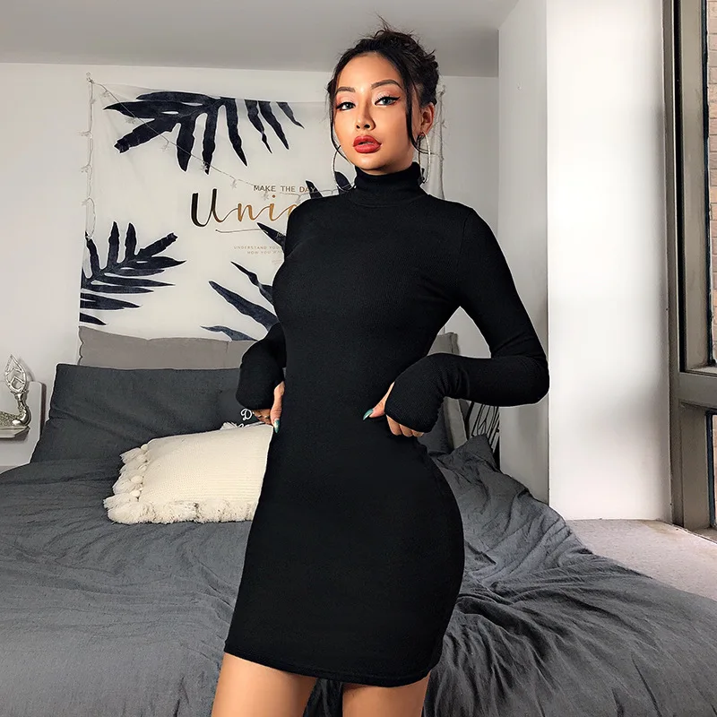 Black Dress BornToGirl, весна, осень, зима, сексуальное женское платье с высоким воротом и длинным рукавом, черный, желтый, оранжевый, зеленый, красный, хаки - Цвет: Black Dress