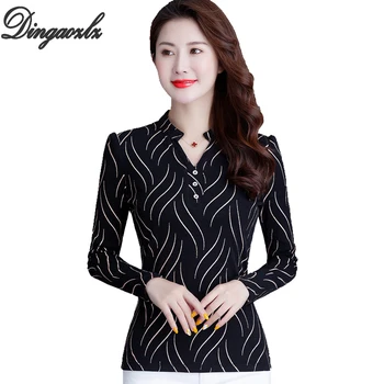 

Dingaozlz M-4XL 2019 New Fashion Women blouse Long Sleeve Lady Tops Plus size clothing Elegant elasticity Mesh Striped Shirt