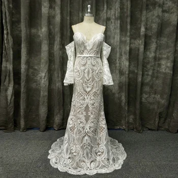 

Spaghetti Strap Sweetheart Off Long Sleeve Boho Wedding Dress Mermaid Bridal Gown