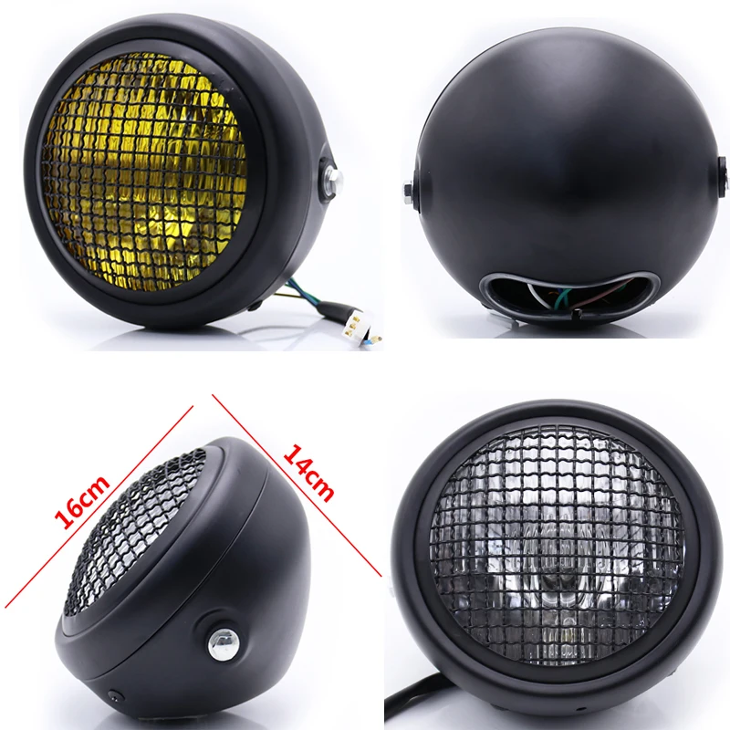 Motorcycle Fashion Headlight Moto Round Head Lamp with Net Scooter Retro Black Grill Headlamp DC 12V Motor Universal Front Light |