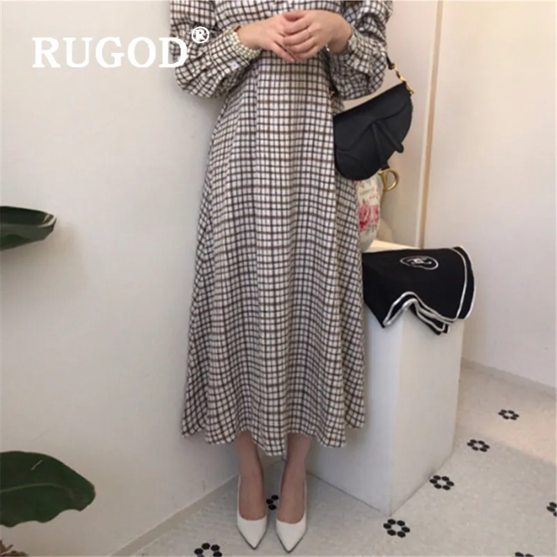 RUGOD корейское Новое весеннее клетчатое платье для женщин, v-образный вырез, Пышный рукав, Империя, тонкое длинное платье, модное элегантное Сексуальное Женское Платье