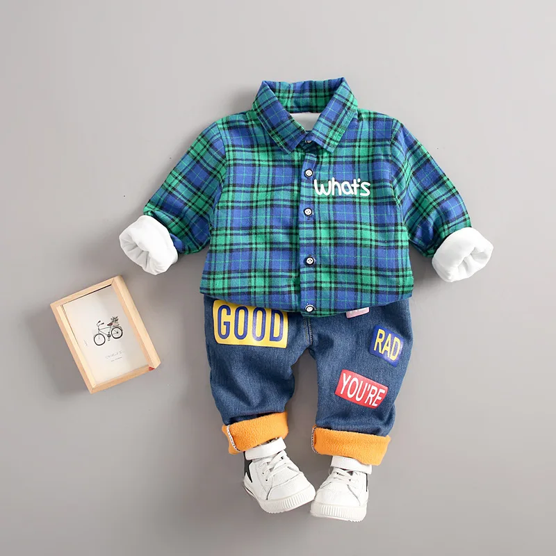 

2019 Autumn And Winter Baby Two-Piece Set 0-4-Year-Old Thick Clothing Men And Women Children Puppy Plaid plus Velvet Denim Shirt