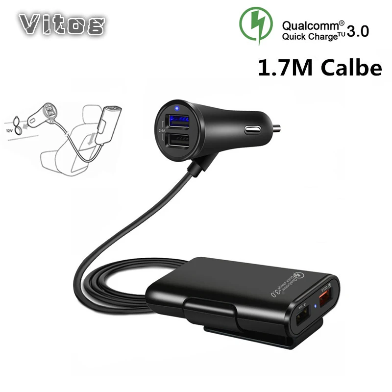 

QC 3.0 2.4A 3.1A 4 Port USB Parts Car Charger With 5.6ft Extension Cord Cable Car Usb Charger Charging In Car For Huawei Samsung