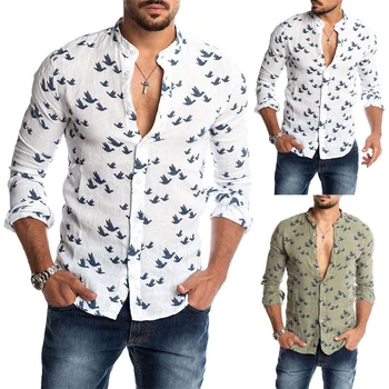 

Printed Mens Designer Shirts Stand Collar Autumn Long Sleeve Mens Tops Cardigan Casual Mens Apparel