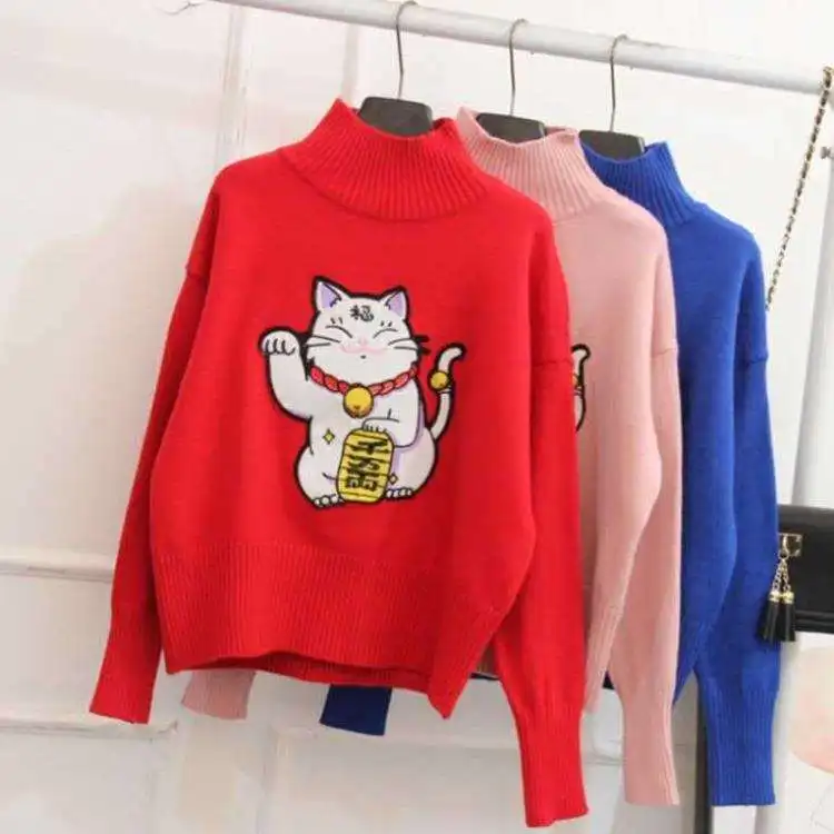 Neploe Осень Harajuku женский свитер Свободный Вязаный милый Счастливый Кот Вышивка Pull Джемперы длинный рукав водолазка пуловер 55394