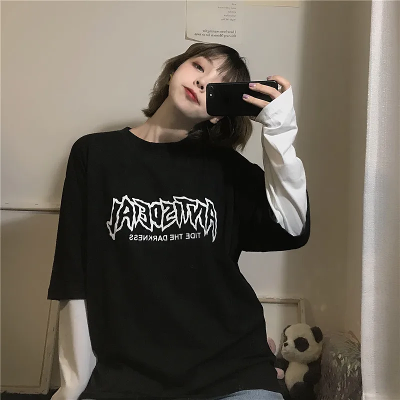 Имитация двух свитеров с длинными рукавами для женщин ins Harajuku уличная одежда BF свободная Осенняя Женская винтажная модная толстовка с буквами