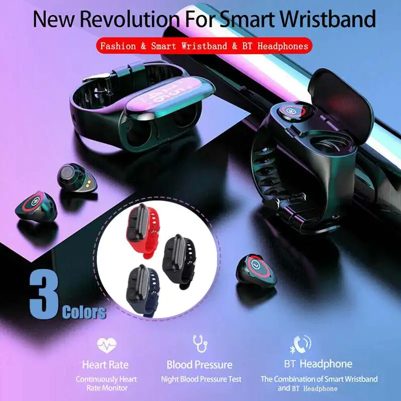 

2 in 1 BT bluetooth 5.0 Wireless Headphone Smart Watch Waterproof Step Counter Sports Fitness Bracelet Long Time Standby