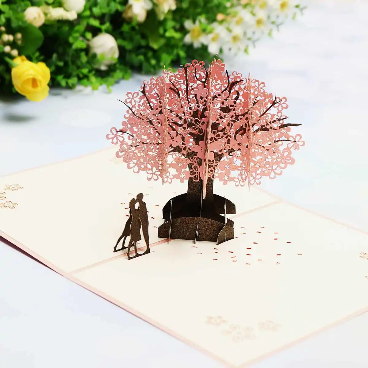  3D Valentine's Day Greeting Card Paper-cut DIY Invitation Cards Hollowed Out Couple Blossoms Flower - 4.00036E+12