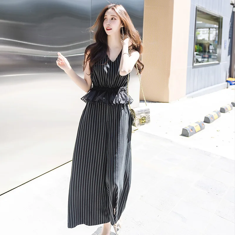 

Debutante New Style WOMEN'S Dress Stripes Loose Pants Set-Style Elegant High-waisted Two-Piece Set